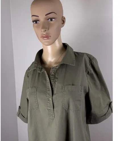 Karen Scott Dress Womens Sz M Green Cotton 1/4 Button Utility Shirt Short Sleeve