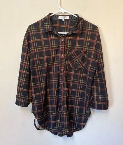 Eden & Olivia Women’s Black Brown Yellow Plaid Button Down 3/4 Sleeve Flannel M