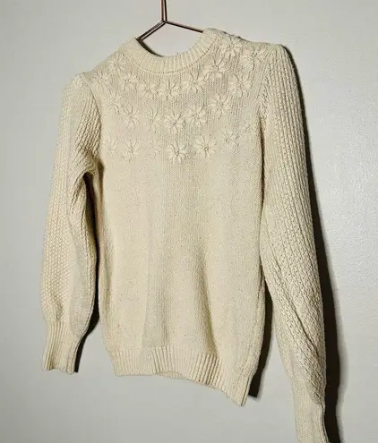 LOUNA Ivory Embroidered Puff Sleeve Floral Chunky Knit Sweater Size Small