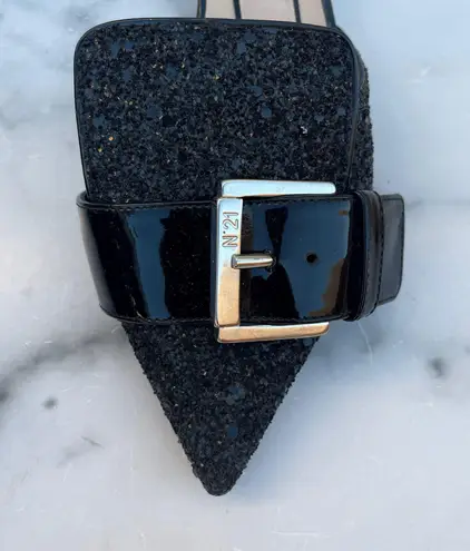 No. 21 women’s black glitter pointed buckle mules slides sandal size 35 US 5