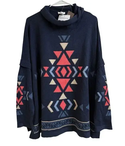 J Jill Women Size M Blue Aztec Knit Funnel Neck Sweater Poncho Boho Southwestern Size M
