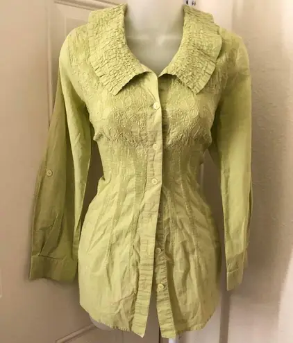 Unique green cottagecore long sleeve button up down shirt blouse ruffled exaggerated peter pan collar Size 10
