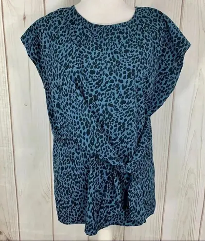 Como vintage Blue Leopard Print Top Short Sleeve Tie Waist Blouse