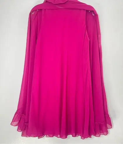Mac Duggal 55407 High Neck Ruffle Cape Fuchsia (Pink) Chiffon Mini Dress, Size 8