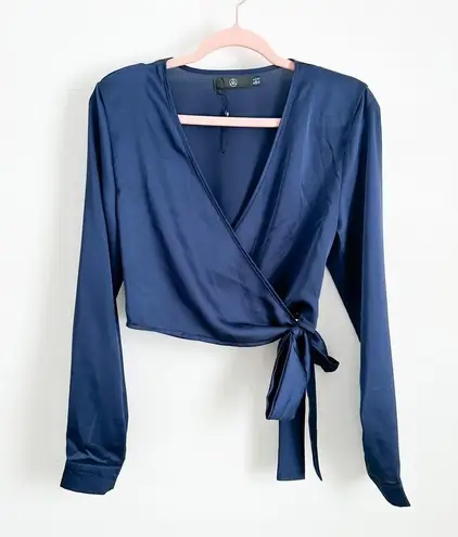 Missguided NWOT  Dark Midnight Blue Satin Cropped Wrap Blouse Top