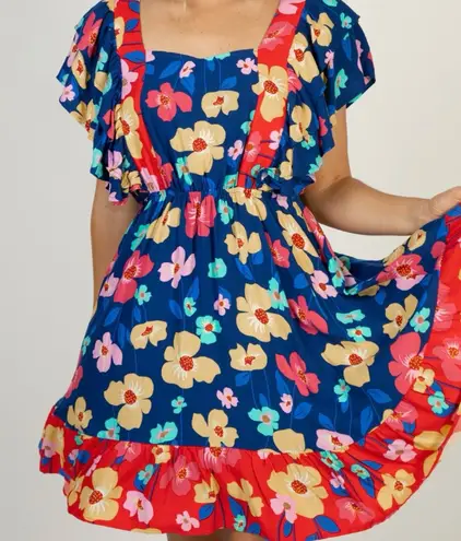 White Birch Empire Waist Flutter Sleeve Tie Back Bold Floral Mini Dress 1X New