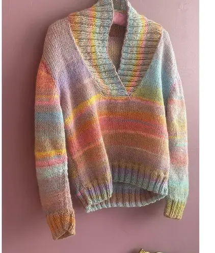 Gorgeous Handknit Pastel Rainbow Knit Sweater XS/S Blue
