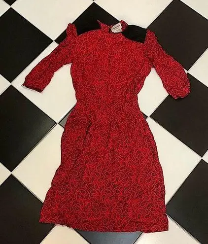 Vintage 80s Elizabeth Adams Western Paisley Red & Black Dress Shoulder Pads sz 8 Multiple
