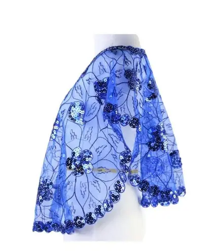 Cobalt Blue Mesh Caped Floral Print Top with Sequins And Beading