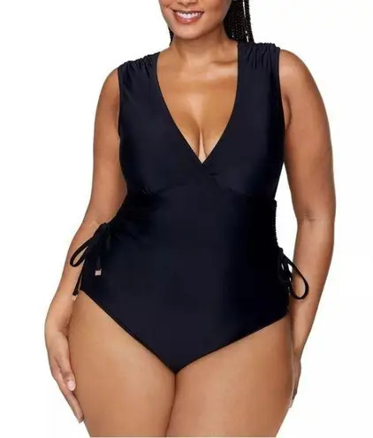 Raisin's Black One Piece Swimsuit Plus Size 22W Ruched V-Neck Glattering Tie