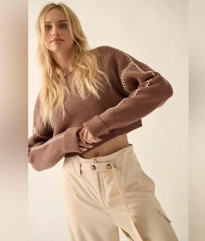 Prómesa Promesa Stitch Perfect Cropped Blanket Stitch Sweater Mocha Brown