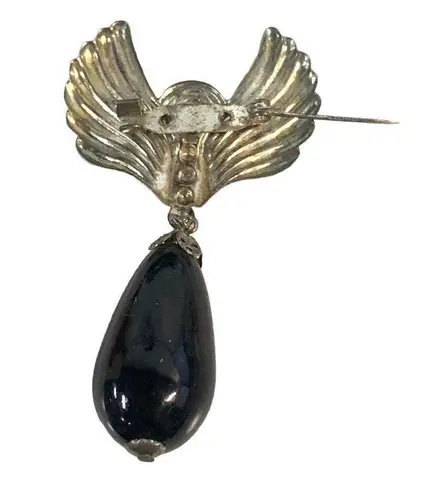 Vintage 3" Silver Tone Wings, Flower with Black Dangle Bead Brooch Silver