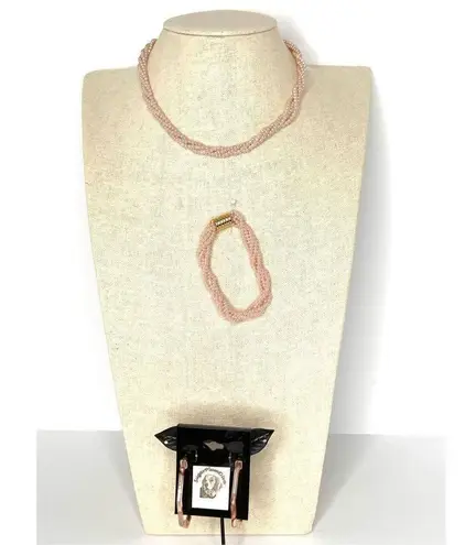 Pink Pearl Beaded Twisted Necklace & Bracelet, Hoop Pearl Earrings Set White