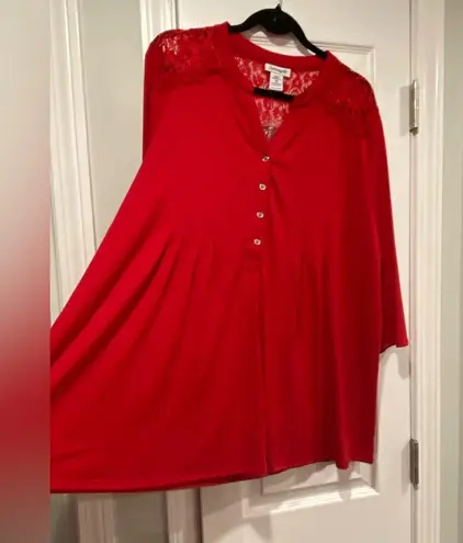 NWT Serengeti Size 1X Red Lace 3/4 Sleeve Henley Pintuck Pleated Tunic Top