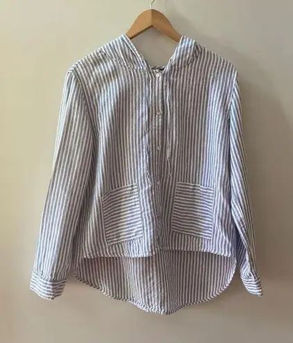 Tahari  100% Linen Stripe Hoodie Button Front Shirt Size Small EUC