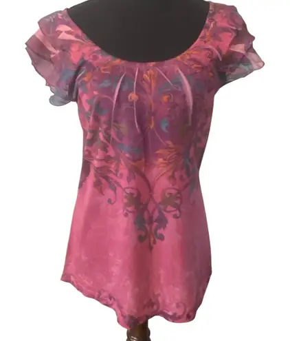 Jane Ashley Vintage Y2K Pink Purple Flutter Sleeve Whimsical Boho Fantasy Print Top Size M - Image 1