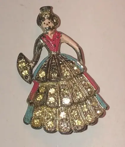 Vintage Silver Tone Enamel CZ Rhinestones Lady in Dress Dancer Pin
