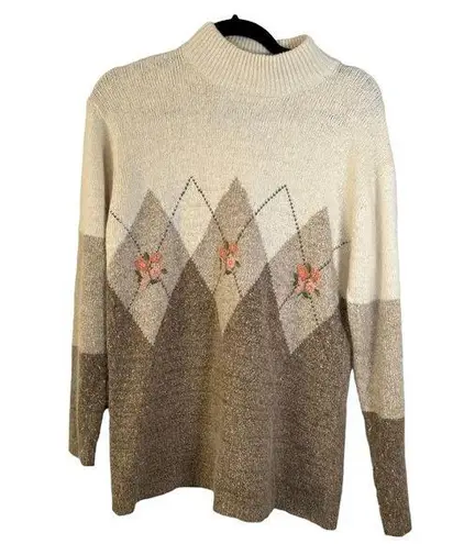 Segue Vintage Angora Silk Lambs Wool Argyle Floral Embroidered Sweater Medium Brown