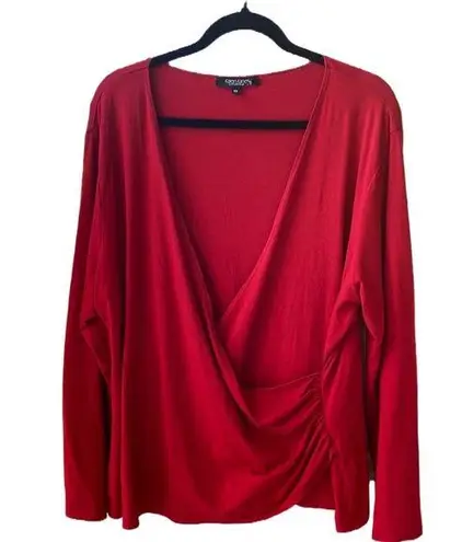 Karen Kane ♥️ Surplice Faux Wrap Long-Sleeved Knit Top/Blouse, Rich Red, Plus 2X