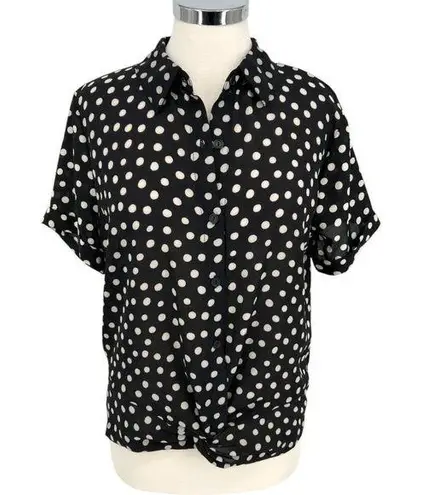 W5 Polka Dot Button-Up Twist Hem Blouse Short Sleeve Black White Size Medium NWT - Image 1