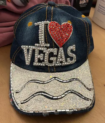 Women’s “I Love❤️Vegas” Sparkly Rhinestones Sequins Cotton Denim Cap size 5 SML Blue - Image 1