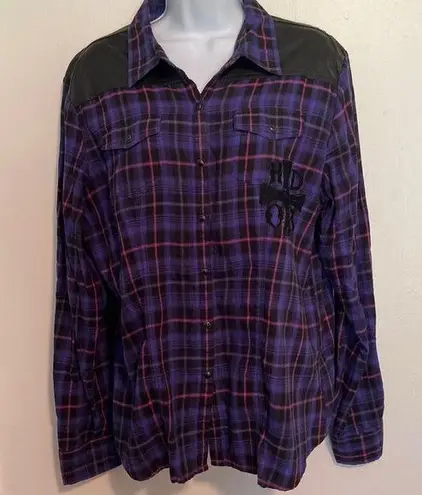 Harley Davidson Purple Plaid Leather Snap Front Shirt Size XL