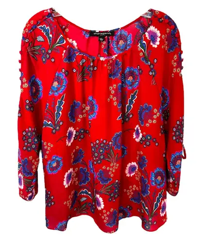 Sharagano Large Top Red Floral Print Blue Cornflower Vibrant Peasant Boho 1729