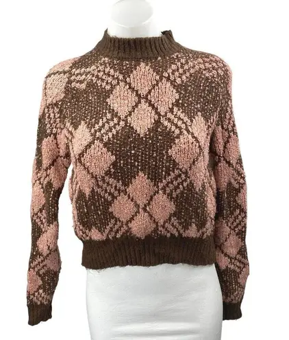 Coco + Jaimeson Brown Pink Argyle Long Sleeve Mock Neck Sweater Top Size S