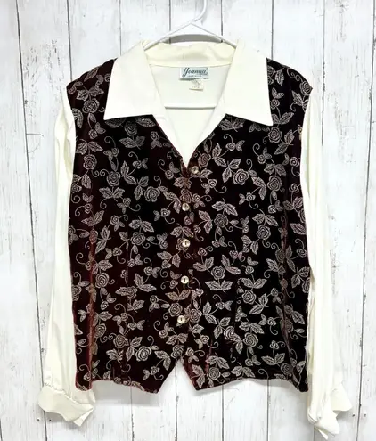 VTG Joanna Shirt Women Size L Button Down Floral Velvet Long Sleeve Collared Tan Size L
