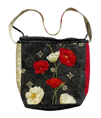 Quilted Floral Poppy Print Shoulder Bag Zipper Closure Handmade Purse Artsy Black