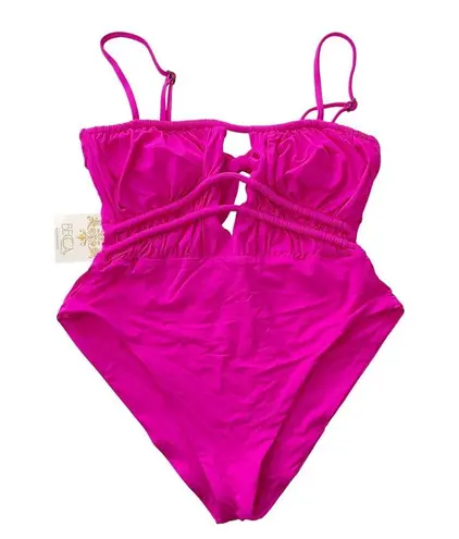 Becca Santorini Sarai One Piece Swimsuit Plunge Neck Pink Flame Size Large NEW