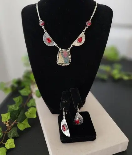 Silver Plate Chain Necklace with Red Onyz and Ruby in Fuchsite Pendant Earrings