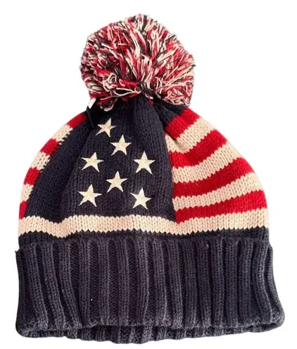 Modena USA Flag Knit Pom Pom Beanie Hat Blue
