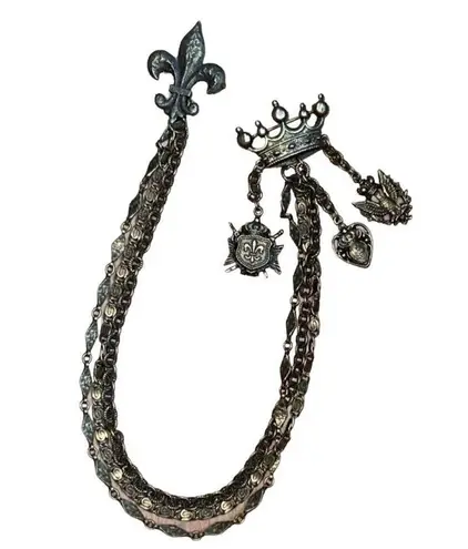 Antique Victorian Golden Cloak/Cape Chain Chatelaine Fleur De Le Crown Brooch Gold