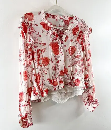 Maeve Floral Print Long-Sleeve Lace-Up Ruffled Sheer Blouse White Red Small P