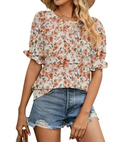 Floral Flounce Ruffle Short Sleeve Gauzy Orange Green Purple Top Size Small