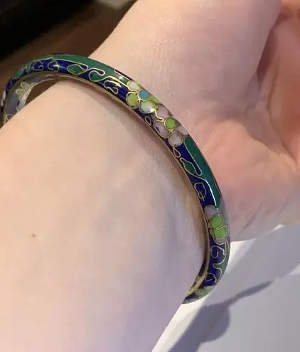 Cloisonné Vintage Costume Bracelet Bangle Blue Flower Pattern