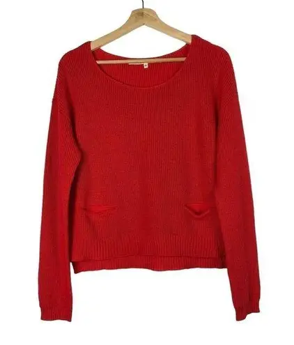 Rachel Roy Red Wide Round Neck Pocket Front Knit Sweater L