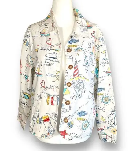 Vintage Graff Petite Jacket Lightweight Nautical Novelty Print White Blue Red Size undefined