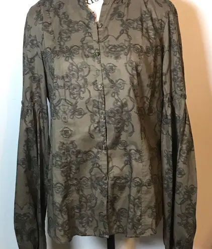 CALVIN KLEIN LONG TIED ROUCHED SLEEVES LIGHTWEIGHT BUTTON UP EMBROIDERED TOP MED Green - Image 1