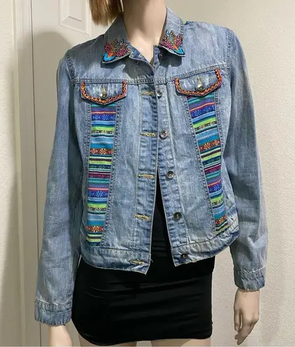 Customized Embroidered Patch Peacock Denim Jean Jacket Size M