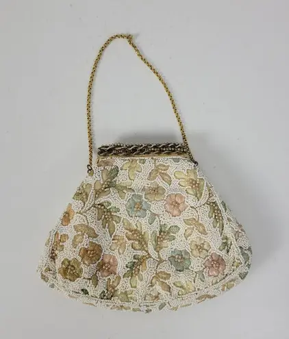Vintage Womens Change Purse Bag Cream Beaded Floral Embroidery Handbag w/ Mirro