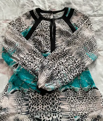 Twelfth Street by Cynthia Vincent 100% Silk Mixed Media Green Animal Print Mini Dress, size 4