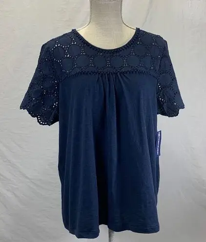 North Crest  Scoop Neck Eyelet Navy Blue Blouse Top Size XL NWT