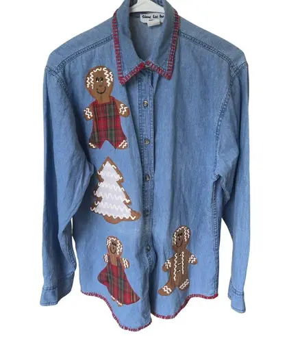 VTG Holiday Denim Shirt Gingerbread Cookie Christmas Tree Plaid Button Up M Green Size M