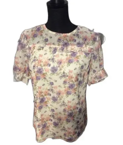 Allegra K Ruffled Floral Gathered Sleeves Romantic Top Large L Women's
