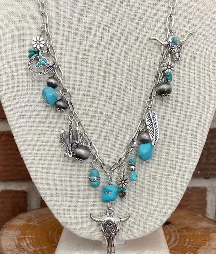 Steer Skull and Turquoise Charm Necklace Silver