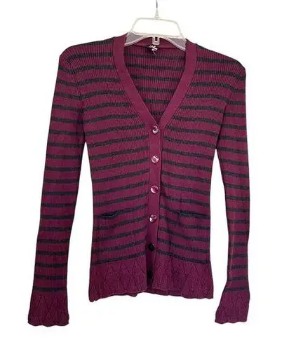 Jean Paul Gaultier Soleil Burgundy Striped Rib Knit Cardigan Sweater Sz S Red