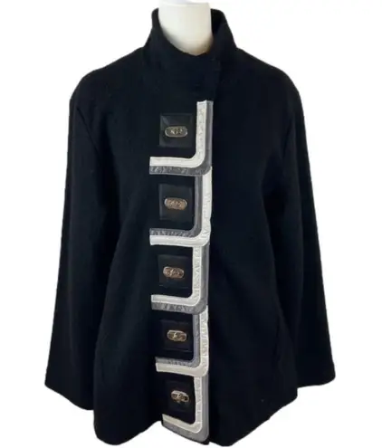 Carson Black Wool Steampunk Jacket Silver Twist Buttons Appliqué Ribbon Large