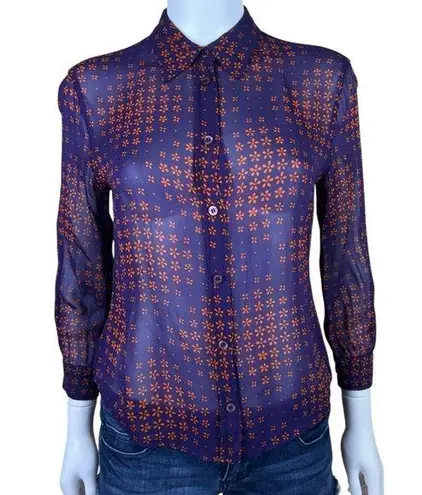 Moschino Jeans Blue Orange Button Down Sheer Crepe Blouse